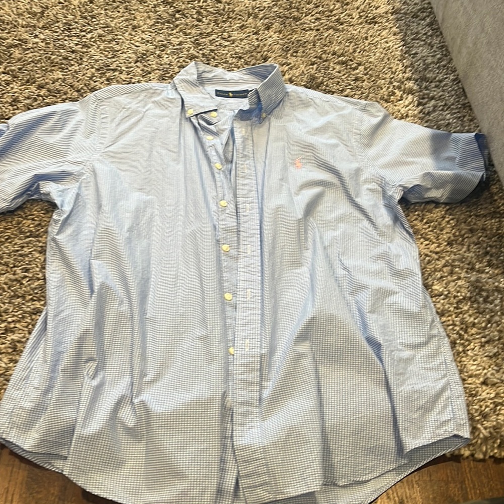 Ralph Lauren, short sleeve button down shirt, baby blue plaid